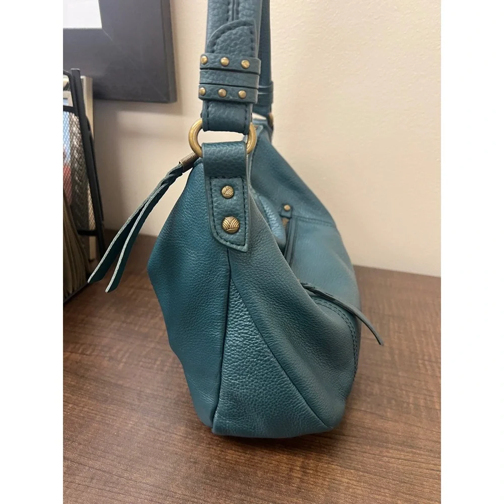 The Sak Sequoia Leather Shoulder Bag Teal Blue Green Hobo Purse Brass Hardware